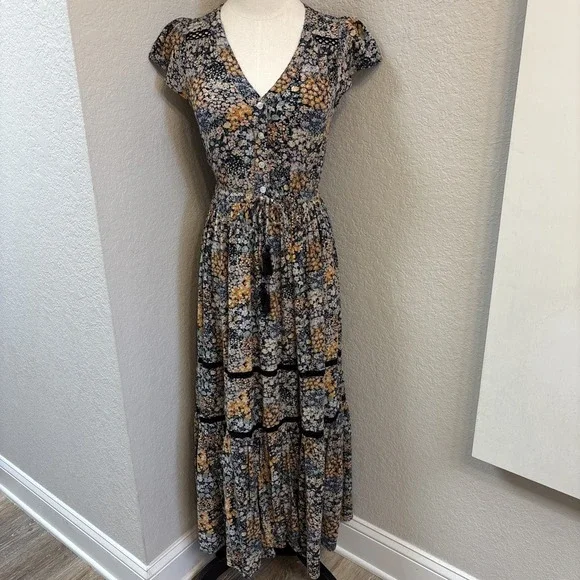 American Eagle Lace Tiered Floral Maxi Dress Women XS Multi Boho Prairie Cottage