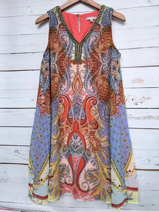 Sandra Darren Boho Paisley Embellished Keyhole Shift Dress -10