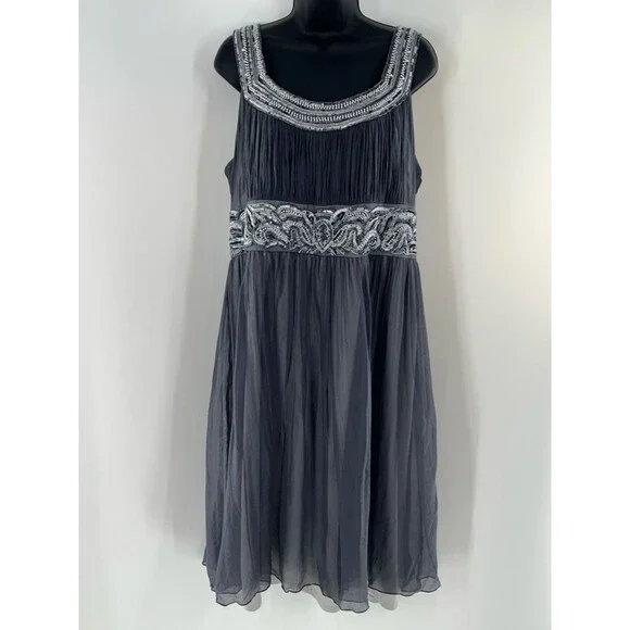 Patra 100% Silk Chiffon Charcoal Gray/Silver Beads/Sequin Detail at Waist/Straps