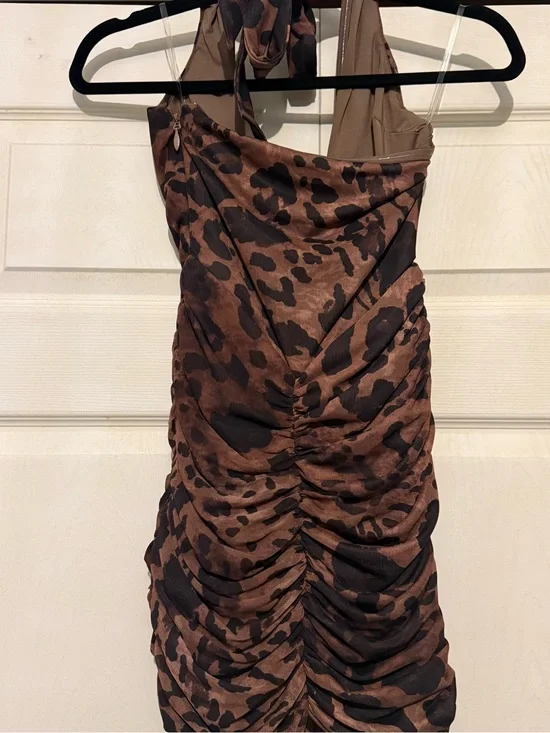 Babyboofashion Brown Leopard Print Ruched Halter Dress - Women