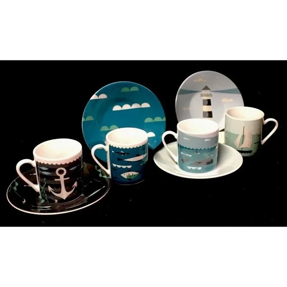 MAGPIE AHOY DESIGN, SET OF FOUR ESPRESSO NAUTICAL CUPS AND SAUCERS Teal