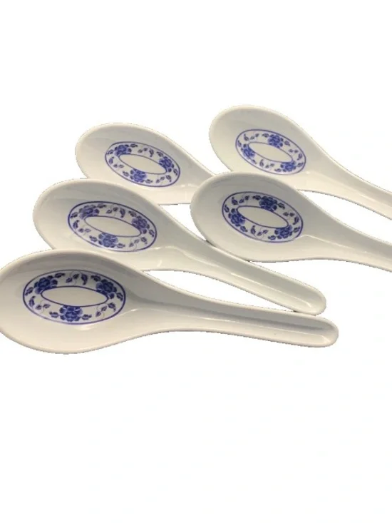 Vintage Japan Chinese Soup Spoons Ladle Blue Lotus Pattern Lot Set of 5 Melamine