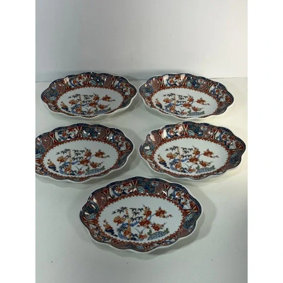 Japanese Arita Imari Porcelain Oval Scalloped Bowls Bamboo Floral Set of 5 Japan