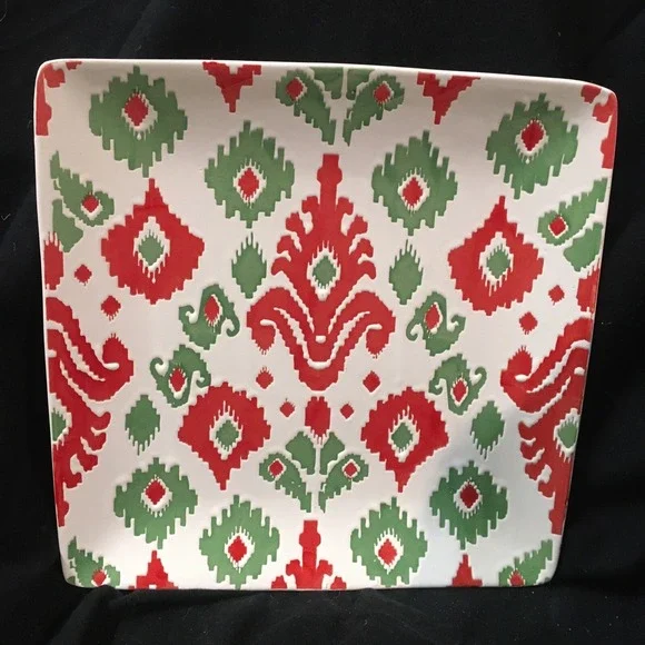 SLEIGH BELL BISTRO Ceramic Square Christmas Dinner Serving Plate Red Green Cream