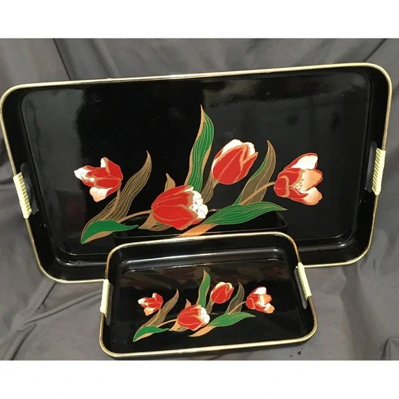 2 Vintage Asian Style Black Laquer Floral Trays with Tulip Florals