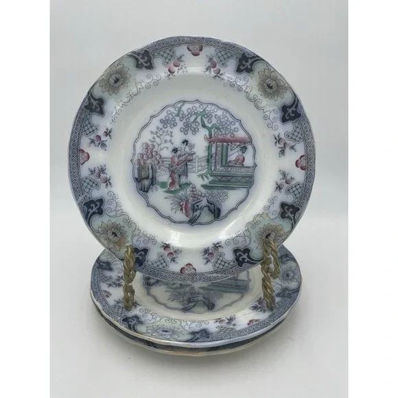 3 pc Antique‎ P. Regout Canton Chinese Pattern Polychrome Transferware Plates