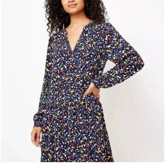 Loft xs heart printed long sleeve midi dress
