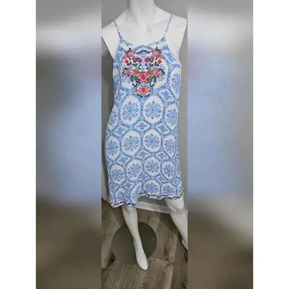 THML Boho White Seersucker Halter Dress, Embroidery, Tassles, Size XXL
