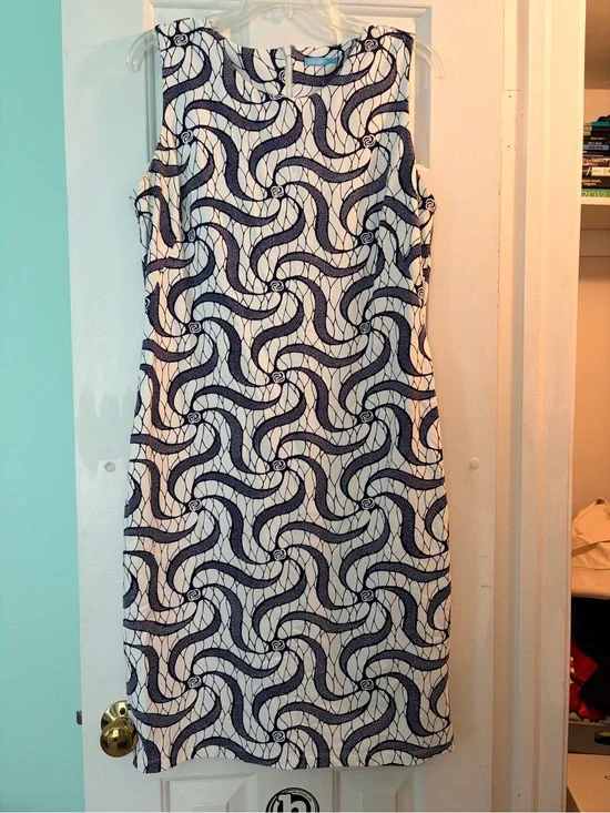 J. McLaughlin Sleeveless Navy and White Patterned Sheath Dress