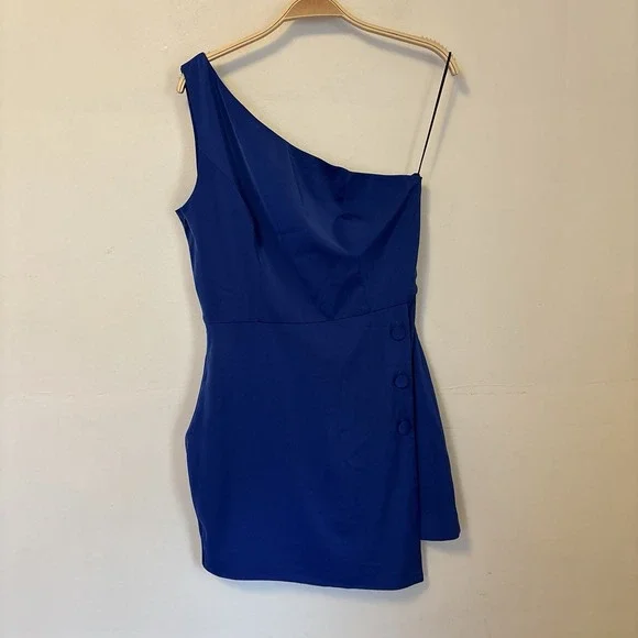 NEW NBD Revolve Tere Dress Medium Cobalt Blue One Shoulder Preppy Buttons