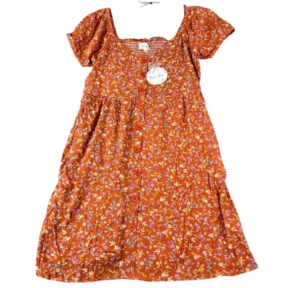 Pink Rose M Clay Floral Babydoll Dress Button Front Smocked Boho Cottage NWT