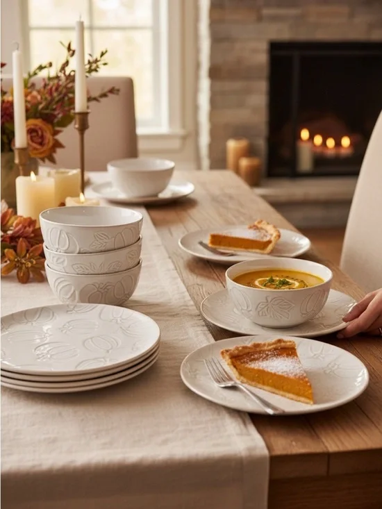 Hobby Lobby Embossed Ceramic Salad Plates/Bowls Set Cream/White Pumpkins 12 pc.