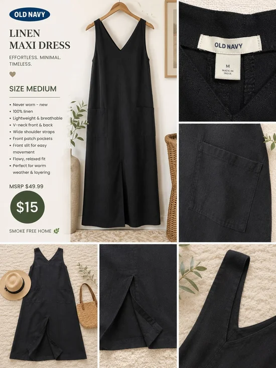 Old Navy 100% Linen Black Maxi Dress | Medium | NWT | Front Slit | Pockets