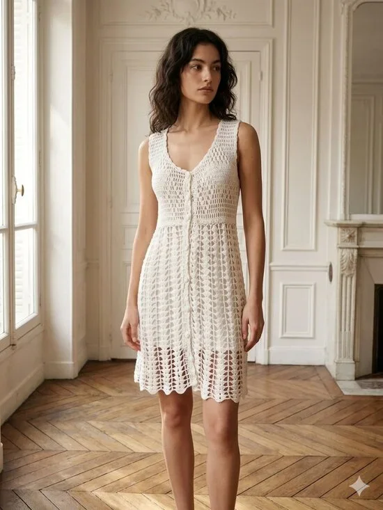 Sunny Blossom White Crochet Dress Small