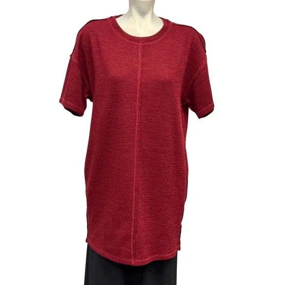 New Directions Red Tunic Top Knit Short‎ Sleeve Casual Pockets Relaxed