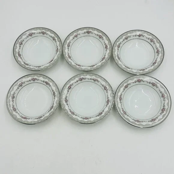 Noritake China Glenwood 5770 Japan 5.5” Berry Bowls Set Of 6 Pink Roses Platinum