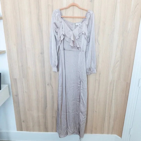 Long Sleeve‎ Ruffle Maxi Dress Size 12 Champagne Satin Cottage Romantic Wedding