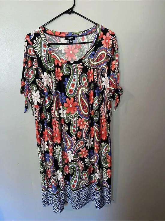 Tacera Black Paisley & Floral Tunic with Coral, Green, Blue and White