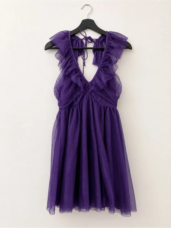 Maeve Anthropologie Mini Dress Purple Mesh Ruffle Small Cocktail Party