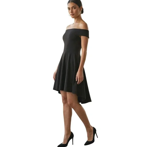 Sarin Mathews Black Off The Shoulder Cocktail Dress‎ Size S Stretch Short Sleeve