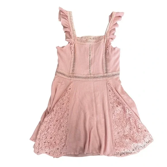 Altar'd State Pink Lace Trim Crinkle Gauze Ruffle Strap Mini Dress‎ Size Large