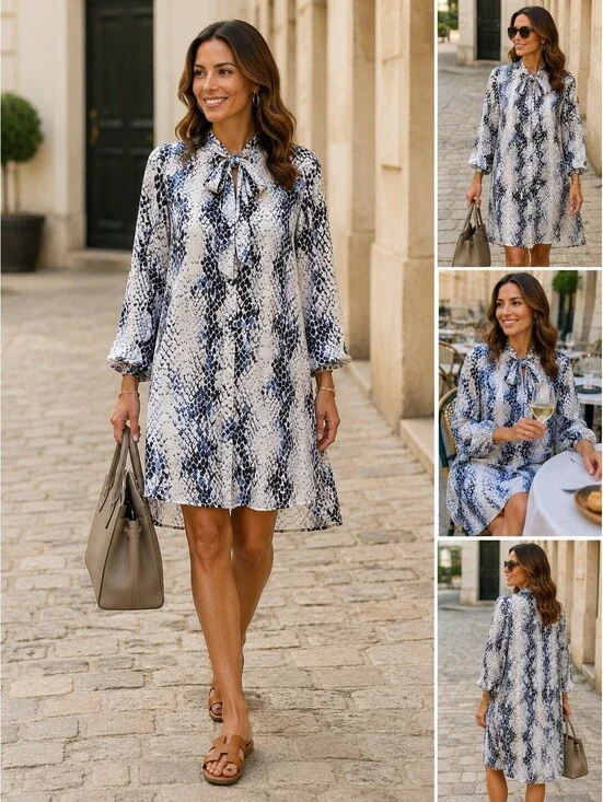 Women’s Snake Print Oversize Shirt Dress With Neck Bow Tie