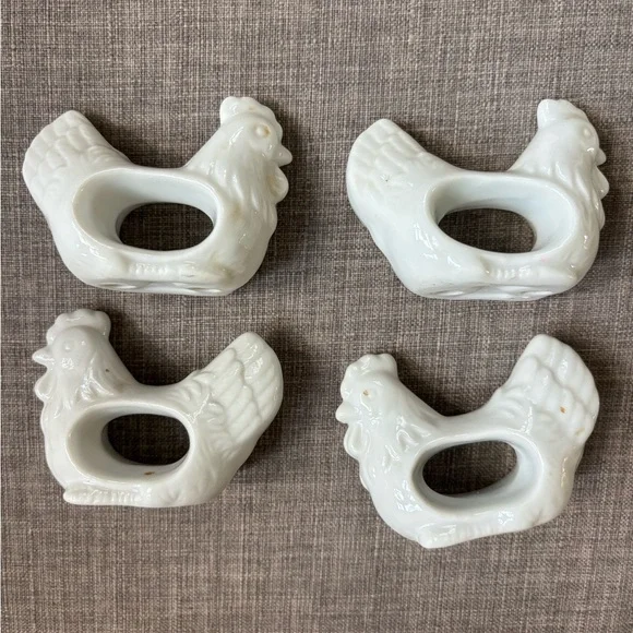 White Ceramic Rooster Napkin Rings Set