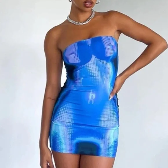 White Fox Boutique Blue and Black Thermal Strapless Bodycon Mini Dress