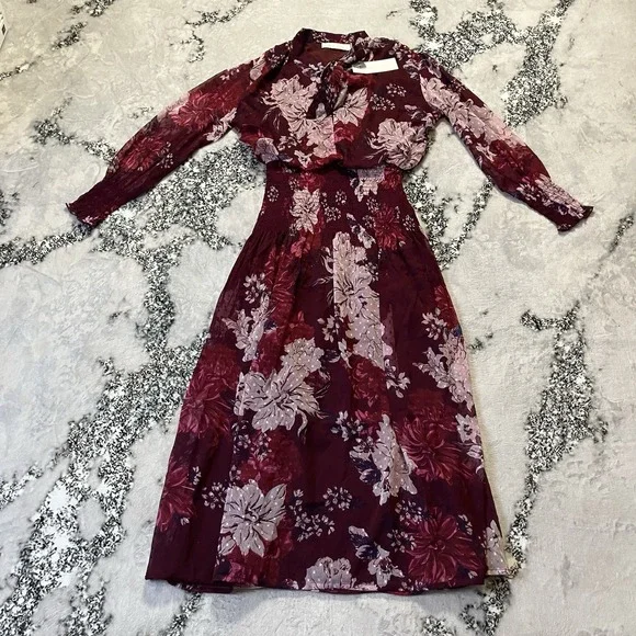 Bishop Young Dress Womens Size Medium‎ Burgundy Dahlia Floral Cameo Midi