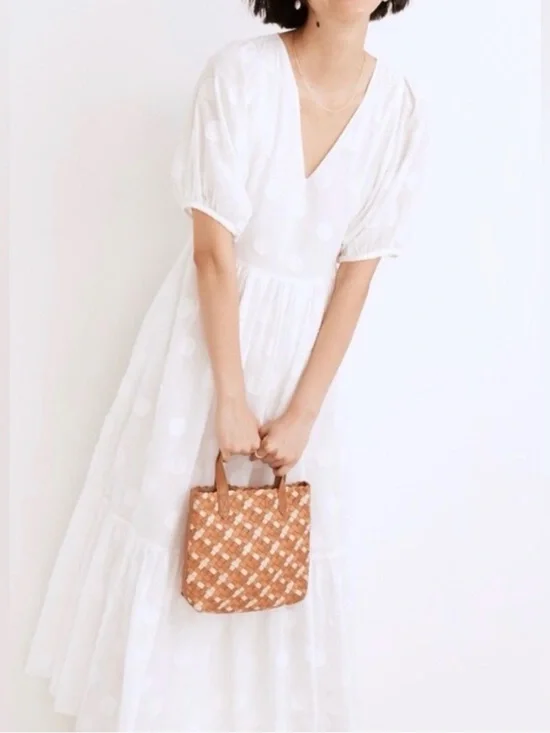 Madewell Dot Jacquard Puff Sleeve Tiered Midi Dress