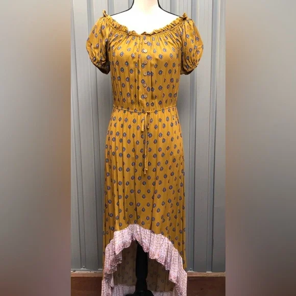(A5”4) New Look Mustard Yellow Juniors Cottagecore Boho‎ Chic High Low Dress S