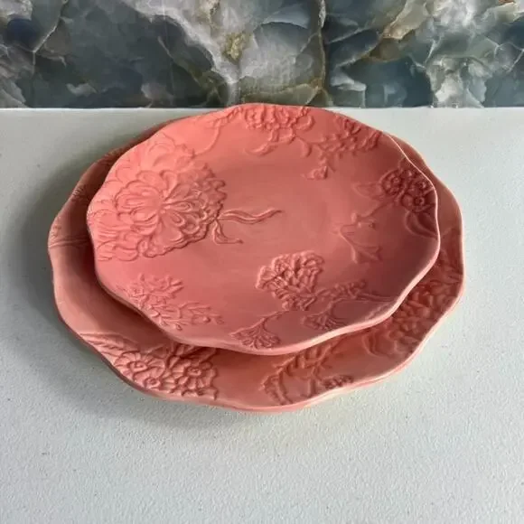 Edie Rose Home Plate Set of 2 Hydrangea Collection Coral Pink Lunch & Dinner