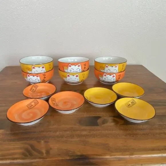 Japanese Maneki Neko Lucky Cat - 6 Rice/Noodle Bowls  + 6 Soy Sauce Dish