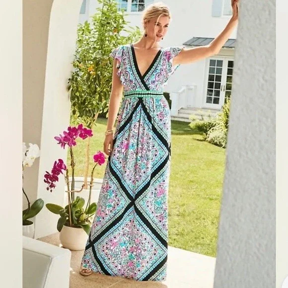Lilly Pulitzer Roselle Maxi Dress Blue Pink Jersey Knit Stretch NWT Size 2