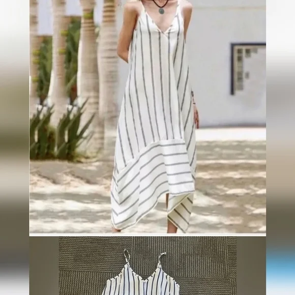 Terzo Millennio Blue/white  Striped Linen asymmetrical Hem Midi Dress S Oversize