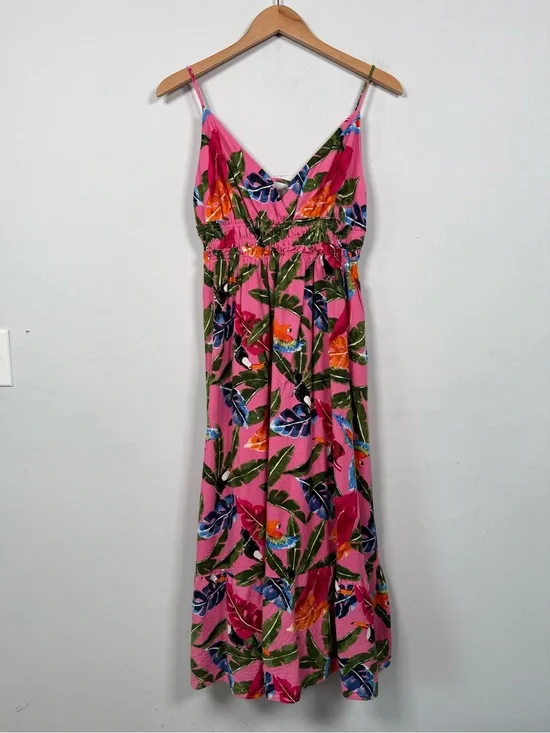 By The River Pink Tropical Palm Bird Print Midi Dress, Size L Great Condition