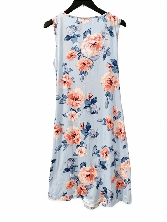 Ekouaer Blue Peach Floral Faux Wrap Midi Dress Large