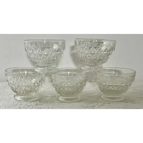 Vintage Cut Glass Diamond Pattern‎ Pressed Dessert Sherbet Footed Bowls Set of 5