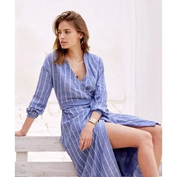 Sezane Robe Laurette Midi Dress Wrap Striped Embroidered Long Sleeve S-36 286663