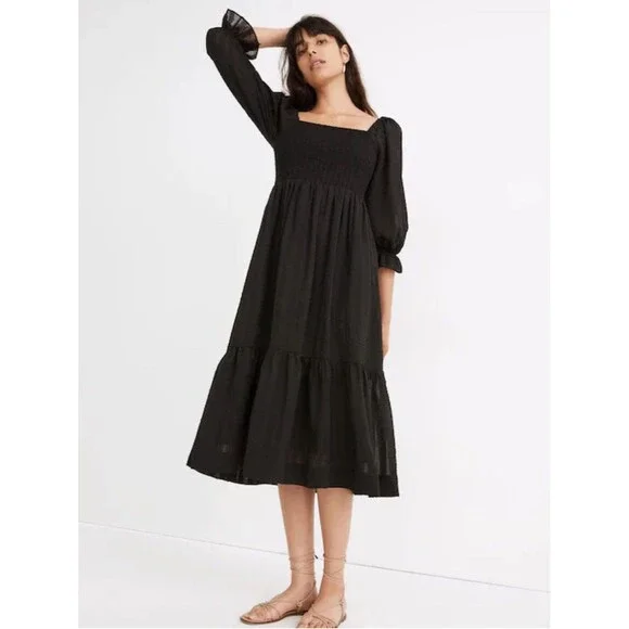 Madewell Lucie Black Smocked Square Neck Midi Dress Puff Sleeve Cottagecore M