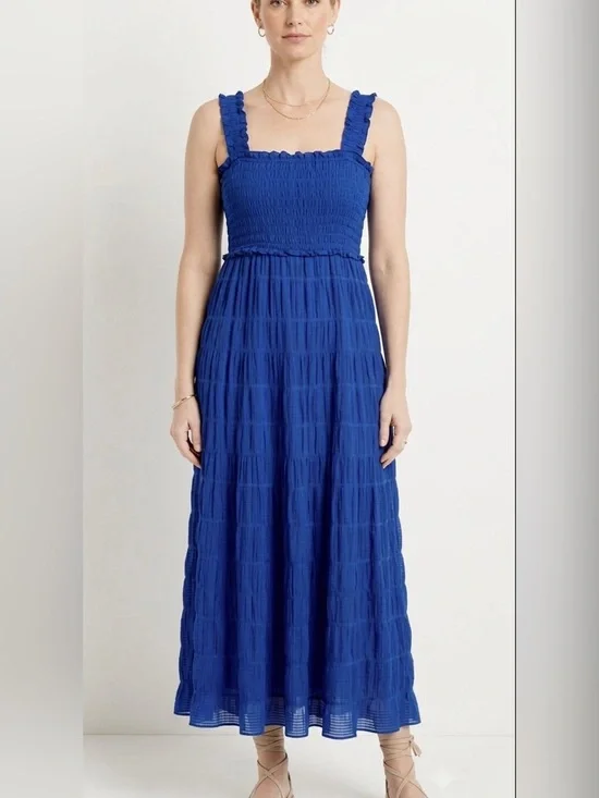 Max Studio Royal Blue Smocked Maxi Dress with Ruffle Straps Cotton Stretchy