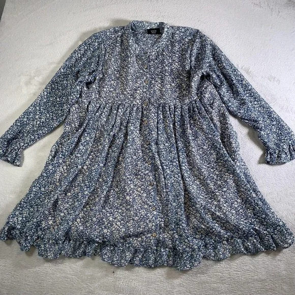 VICI Dress Womens Medium Blue Floral Fit & Flare Button‎ Front Ruffle Hem