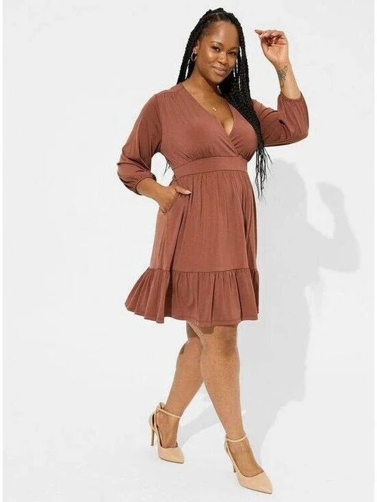 Torrid Brown Babydoll Knit Surplice Tiered Dress PLUS SIZE 2X Peasant Neutral