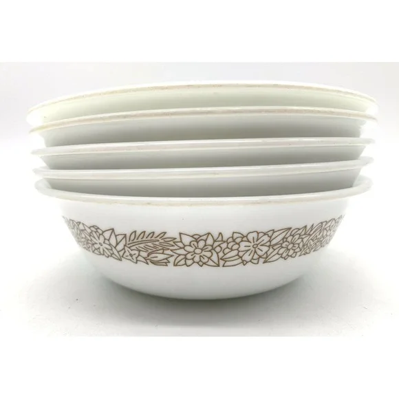 Corelle Cereal Bowls Set of 5 White Brown Woodland Brown Floral Vitrelle Glass