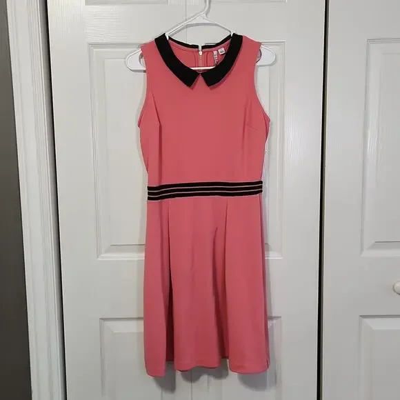 ELLE Pink Sleeveless Fit & Flare Dress Black Peter‎ Pan Collar SZ S Preppy Retro