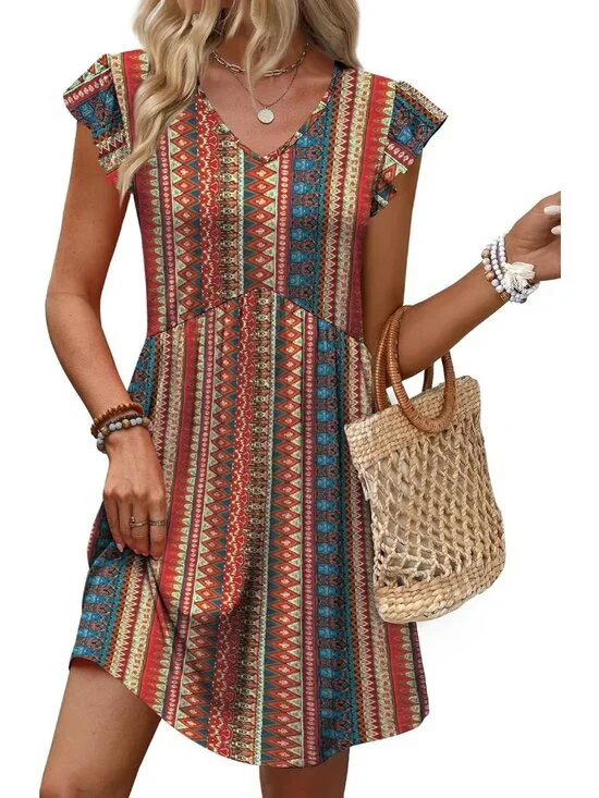 Women's Bohemia Red Ruffle Sleeve Baby Doll V Neck Imported Causal Dress