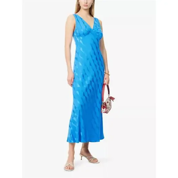 RIXO Bright Blue Wave-Print V-Neck Midi Dress