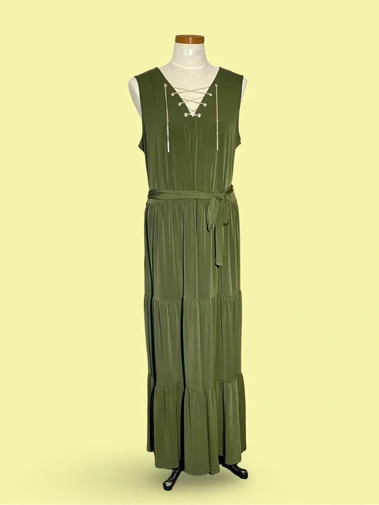 Michael Michael Kors Olive GreenTiered Maxi Dress Lace Up Chain V-Neck Sz1X