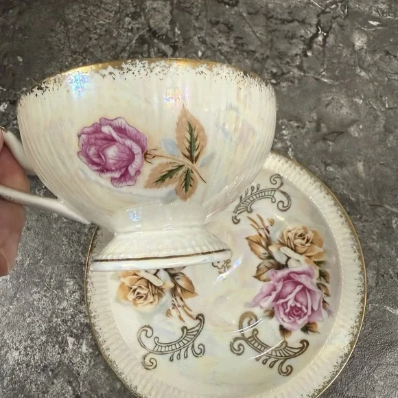 Vintage Inarco Japan Teacup Saucer Roses Gold Trim Lusterware Iridescent Rainbow