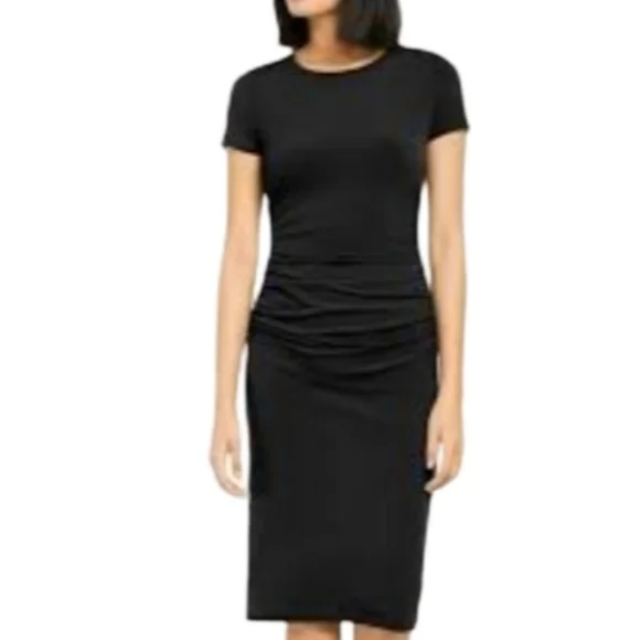 INC International Concepts Black Ruched Sheath Dress XL Short Sleeve Knee Length